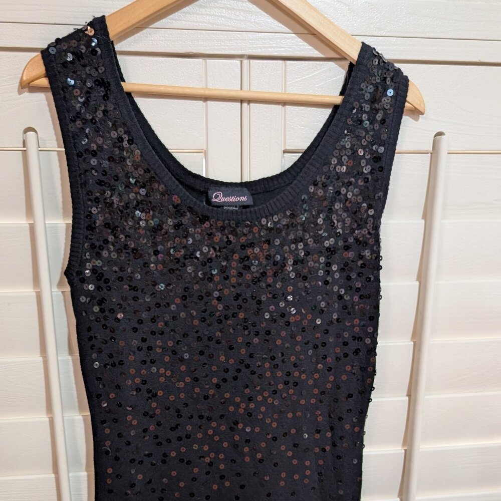 Black Sleeveless Sweater Sequin Scoopneck Dress by Questions, Size Large